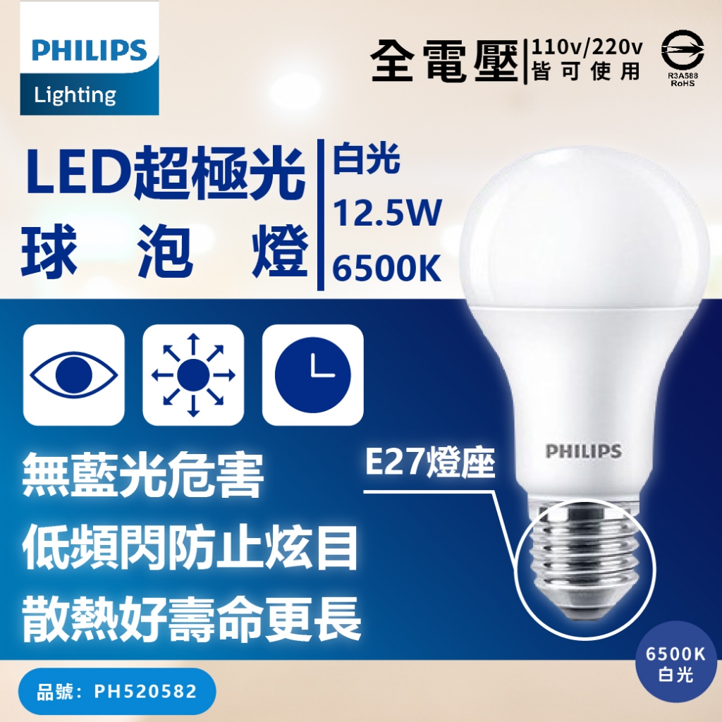[喜萬年] 飛利浦 超極光 真彩版 LED 12.5W E27 黃光自然光白光 無藍光 全電壓 高演色 球泡燈 燈泡 燈