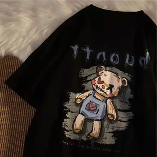 【店長推薦】100%純棉 T恤 短袖 美式復古卡通小熊印花男女情侶寬鬆短袖t恤ins短袖體恤衫五分袖