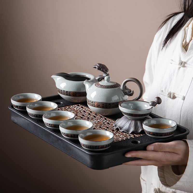 茶具組 茶壺泡茶壺 泡茶組 泡茶杯 泡茶茶具組 泡茶器 汝窯茶具組 烏金瓷石茶盤