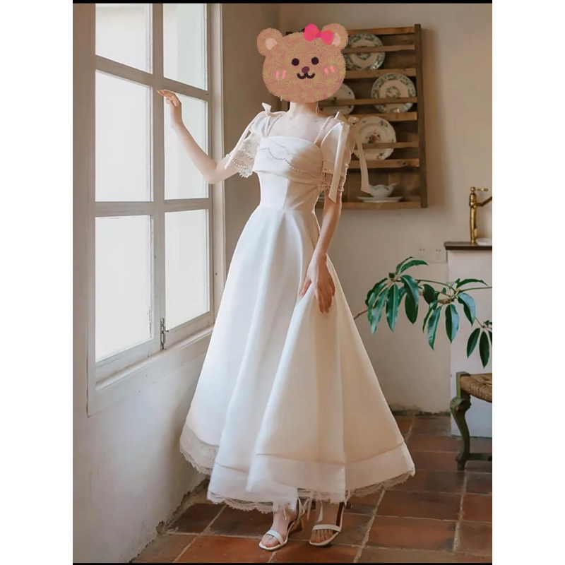 登記禮服 小白禮服 珍珠洋裝 結婚禮服 M號 登記洋裝 輕禮服 輕洋裝 宴客禮服 法式禮服