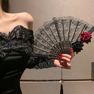 臺灣現貨 貓熊繽雰 暗黑系吸血鬼新娘lolita蕾絲絲絨玫瑰薔薇花朵扇子摺扇復古貴族歐式裝飾哥德龐克萬聖節cos禮服配飾