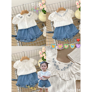 【四口甜】臺灣現貨夏季新款 女寶寶 0-3歲嬰幼兒浪漫木耳邊蕾絲短褲繡花襯衫