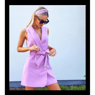 Zara 全新 紫色雙排釦綁帶雪紡西裝背心洋裝
