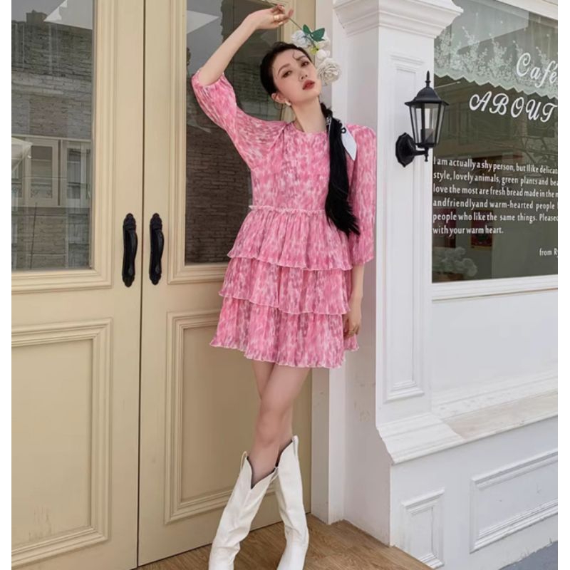 ✨預購✨My girl 草莓優格雪紡漸層洋裝 荷葉壓摺蛋糕裙 S-L E113005