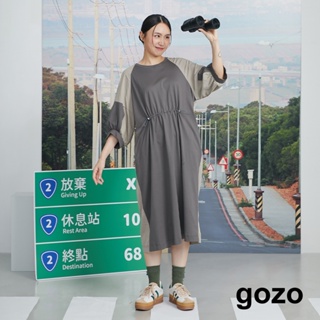 【gozo】涼感異材質拼接配色抽繩洋裝(深灰/黑色_F) | 女裝 修身 百搭