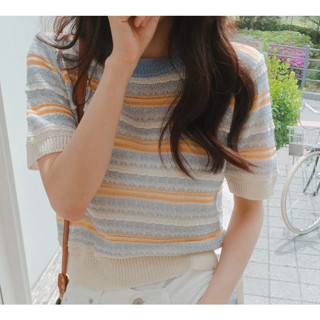 DREAM COLOR KR 一件免運 韓國女裝 正韓 女裝 配色條紋圓領短袖針織上衣
