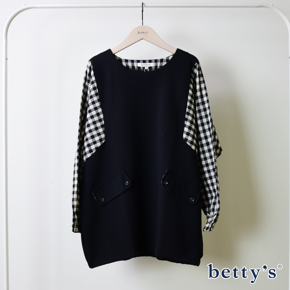 betty’s貝蒂思(95)假口袋格紋拼接上衣(黑色)