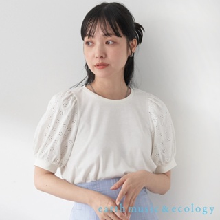 earth music&ecology 花朵蕾絲袖拼接圓領短袖T恤(1N42L1C1200)
