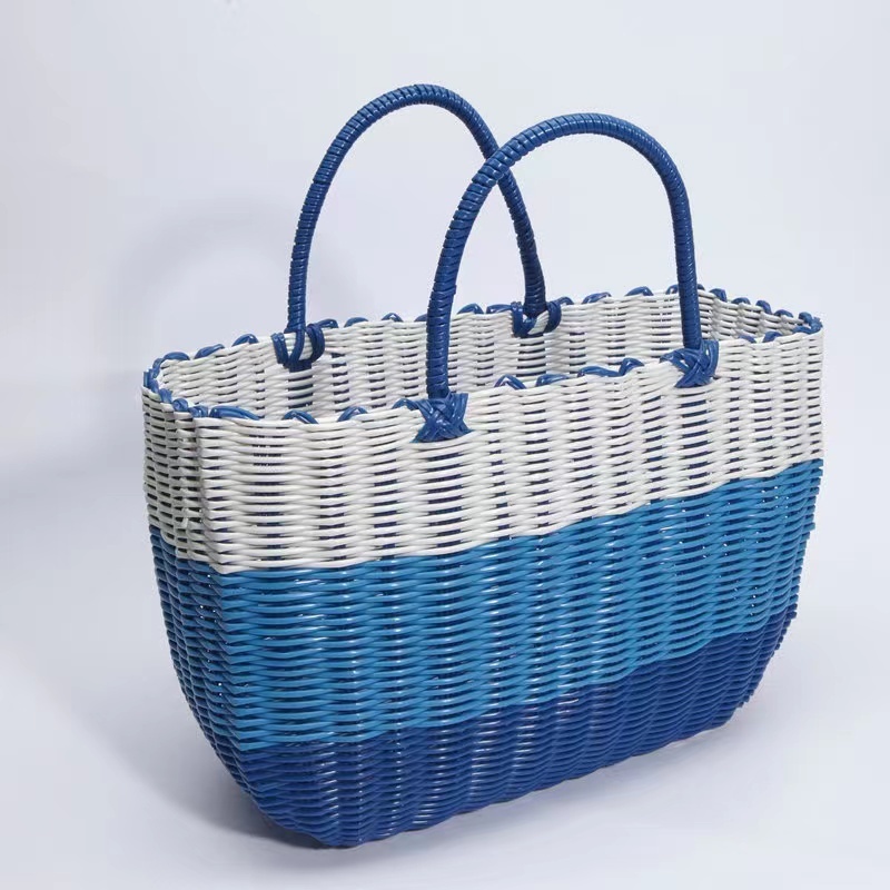 ✨簡美丿✨彩色菜籃子 編織塑膠收納買菜籃子 購物籃 手提籃 針線野餐藍 洗澡籃 浴室籃