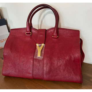 正貨 YSL CABAS CHYC 字金屬LOGO小羊皮手提包 紅色