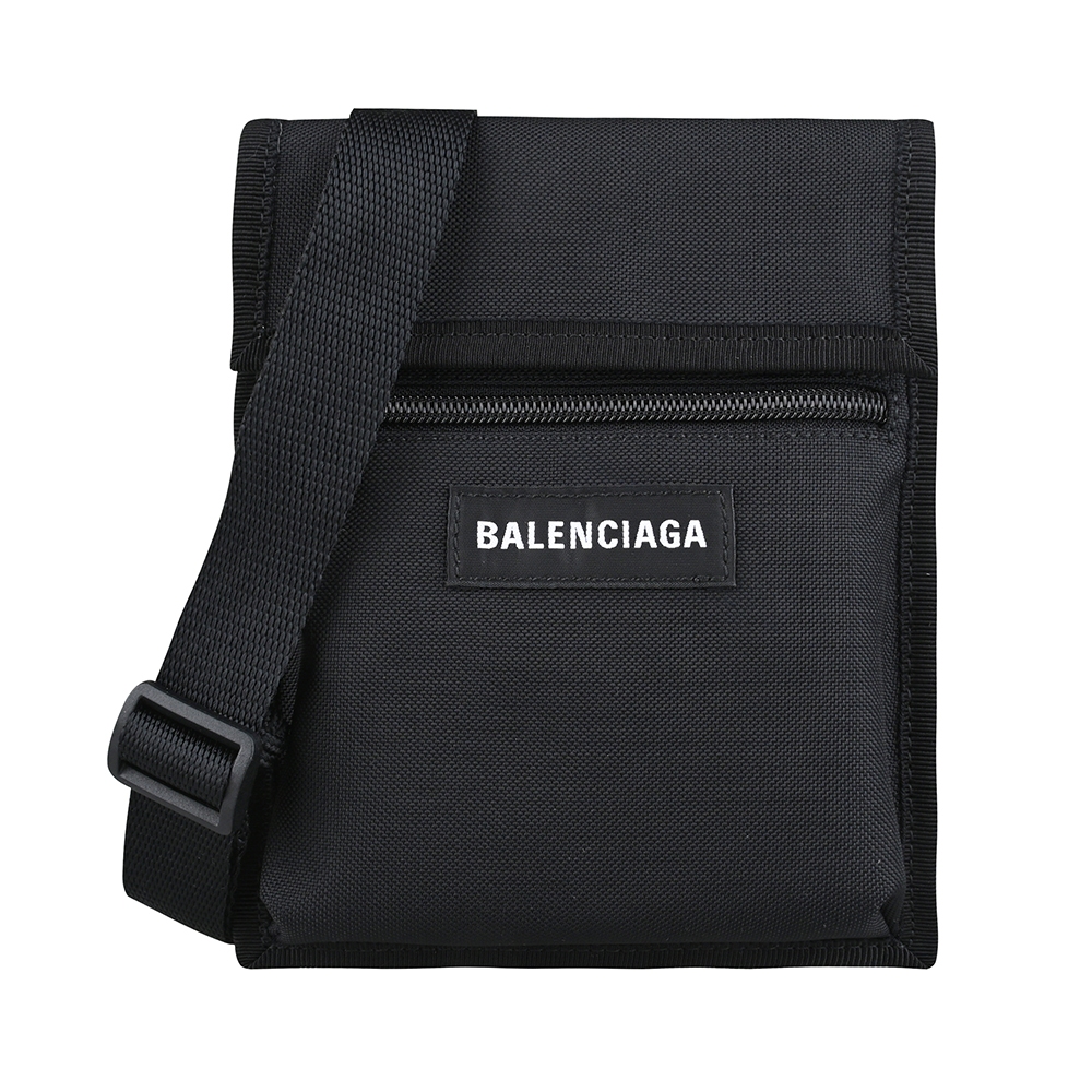 BALENCIAGA Explorer刺繡布標白字LOGO再生尼龍設計小型斜背包(黑)