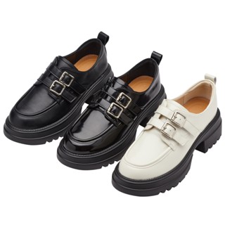 【Grace Gift】樂福鞋 包鞋 樂福鞋女【復古圓頭雙釦帶厚底樂福鞋】3色 35-41號 厚底鞋 通勤鞋