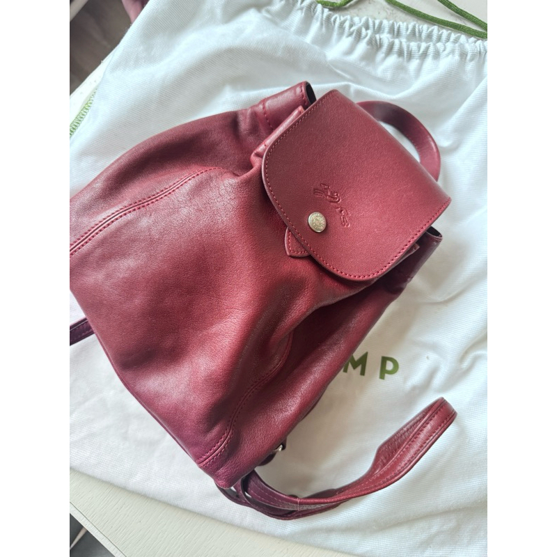 LONGCHAMP LE PLIAGE CUIR小羊皮系列銀釦後背包(小) 酒紅色「降價囉」