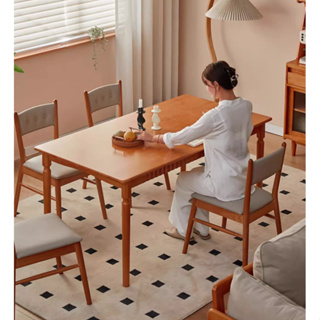 設計師餐桌 桌椅組合 日式餐桌 實木餐桌椅組合 書桌 櫻桃木色日式家用復古帶抽屜辦公書桌