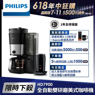 【PHILIPS 飛利浦】 全自動雙研磨美式咖啡機 HD7900 + 全自動冷熱奶泡機 CA6500