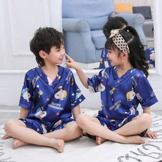 【當季新品】韓國兒童睡衣 空調服 夏天家居服 睡衣 兒童短袖夏季女童冰絲睡衣男童小孩中大童模擬絲綢薄款家居服套裝