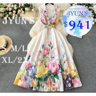 JYUN'S 初夏新款繁花系列設計感印花氣質西裝領排扣收腰顯瘦高級感長款無袖連身裙洋裝大尺碼2色S~2XL預購