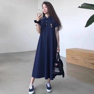 大尺碼女裝-特大碼300斤休閒洋裝 T恤裙 polo領刺繡連衣裙 夏季寬鬆顯瘦遮肉長裙 休閒長裙 女生裙子 度假洋裝