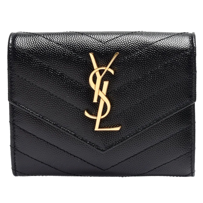 (二手九成五新）YSL MONOGRAM V字縫線魚子醬牛皮金屬LOGO三折短夾(黑)