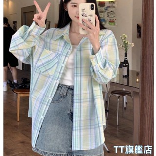 TT旗艦店 曼波風薄荷綠格子襯衫外套女夏季薄款小個子寬鬆chic防曬開衫襯衣 長袖襯衫 休閒上衣 女生衣服N253