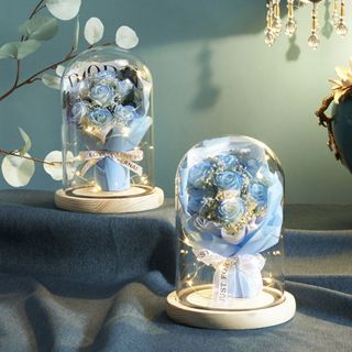 情人節 七夕 花束 永生花 永生玫瑰花 香皂花 小香風花束 碎冰藍乾花 玫瑰玻璃罩花束 生日禮物 送女友 浪漫花束成品