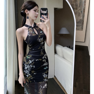 【桃喜Rich現貨】有彈性黑色旗袍 夏季新款復古改良旗袍 性感無袖掛脖洋裝 鏤空網布印花包臀連衣裙 新中式洋裝 開叉旗袍