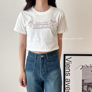【FJstore】蝴蝶結刺繡字母短版 合身 短T 短踢 圓領 短袖上衣 女生短袖 女上衣 T恤 貼身