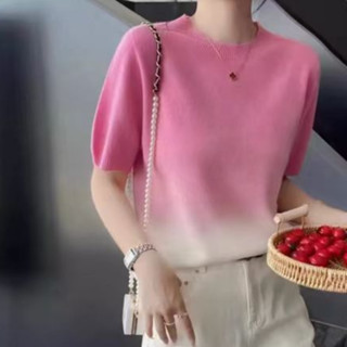 胖胖美依 上衣 T恤 短袖上衣 漸變色細羊毛五分袖螺紋邊針織衫氣質寬鬆圓領上衣 東A105-7997.