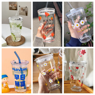 臺灣出貨～熱賣 玻璃水杯 密封杯蓋 吸管杯 450ml 大容量 水杯 玻璃杯 環保杯 牛奶杯 果汁杯 送玻璃吸管 咖啡杯