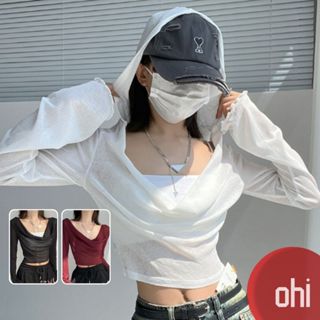 【ohi】跩酷辣妹風性感長袖連帽T恤 設計感短款上衣 顯瘦上衣 韓版上衣 簡約上衣 夏天衣服 女裝 GTD5637