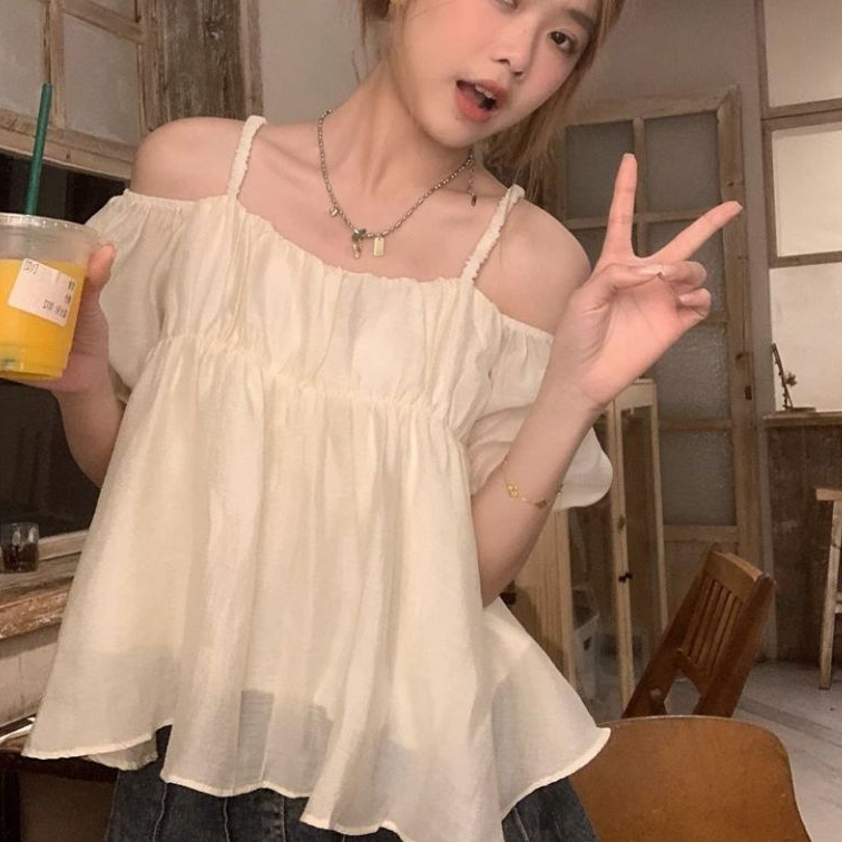 FUXI 日系雪紡襯衫女 露肩上衣  短袖襯衫 雪紡上衣 吊帶一字肩上衣 小個子上衣 女裝 衣服