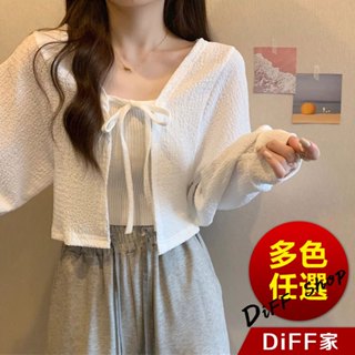 【DIFF】韓版小眾復古綁帶燈籠袖短版外套 針織外套 針織上衣 女裝 衣服 外套 長袖上衣 薄外套 防曬外套【J213】