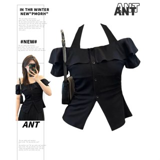 【ant】辣妹性感掛脖一字領上衣 一字肩 短袖 短板上衣 修身上衣 短板襯衫 襯衫短袖 韓系上衣 黑色襯衫 襯衫短袖女