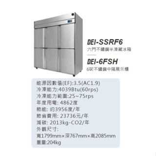 全新 DEI-SSRF6 得意 節能六門 風冷 半凍半藏 不鏽鋼冰箱 變頻 風冷 全省配送
