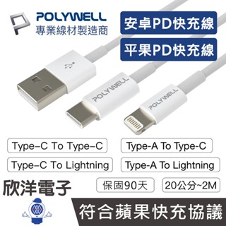 POLYWELL 充電線 PD快充線 安卓充電線 USB充電線 Type-C Lightning 適用蘋果 安卓