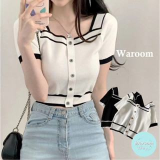 Waroom|售完不補 韓系薄款小香風方領短袖針織上衣|短袖針織|女裝|圓領上衣|短袖上衣|顯瘦|氣質|名媛|短款092