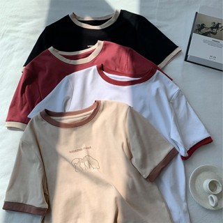 美式復古拚色印花寬鬆短袖 短袖上衣 休閒上衣 夏日百搭 拼接撞色 舒適穿搭 臺灣賣家 快速出貨 B128-6242#