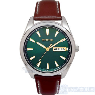 SEIKO 精工 SUR449P1手錶 紳士 藍寶石 綠面 夜光 日星期 咖啡色皮帶 石英錶 男錶【澄緻精品】