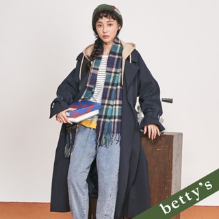 betty’s貝蒂思(35)跳色雙排釦落肩長版連帽風衣(深藍)