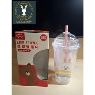 【曼曼逛】高露潔聯名款 LINE FRIENDS造型雙層杯水杯茶杯 兔兔款 (含環保吸管) 送禮自用
