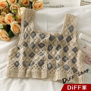 【DIFF】韓版法式菱格鉤花鏤空針織背心 小可愛 女裝 衣服 短版上衣 小背心 夏天女裝 吊帶 內搭【V386】