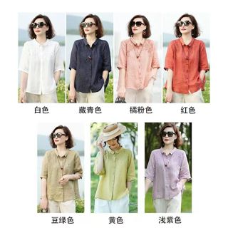 棉麻2025夏季新款刺綉小衫上衣女寬松五分袖襯衫外套百搭薄款襯衣 顯瘦上衣 遮肉短袖t恤 大尺碼女裝上衣
