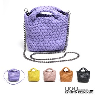 【UOU精品】韓國時尚款 雙層手工編織 托特包 梯形小方包 手提包 包中包 斜背包 附背帶鍊條 側背包kr251
