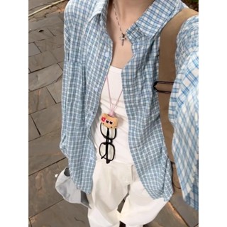 復古風藍色格子防曬長袖襯衫 日系穿搭 襯衫 格子襯衫 襯衫外套 藍色襯衫 女生衣服 夏天衣服 防曬襯衫 長袖襯衫