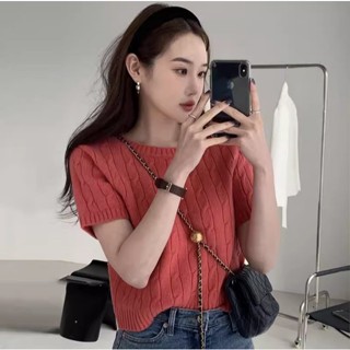 【Joybuy】韓系圓領T-shirt重工麻花紋設計寬鬆短袖針織T卹女裝