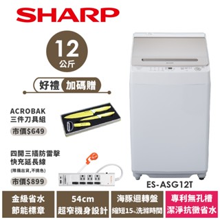 【SHARP夏普】無孔槽抗菌變頻洗衣機 ES-ASG12T 12公斤