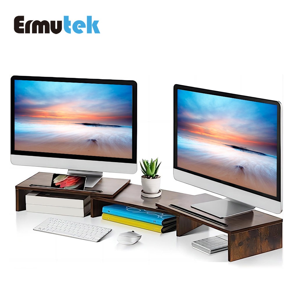 Ermutek 多功能桌上型雙螢幕增高架-多功能可調式LCD 電腦螢幕架 /深木紋/ SR-001-K