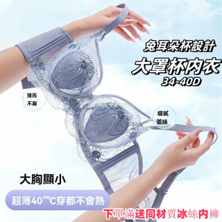 D✨免運✨兔耳朵杯內衣無鋼圈 大胸內衣 收副乳涼感內衣 聚攏內衣 胸罩 超薄文胸 蕾絲薄墊內衣 大胸顯小大罩杯內衣夏季女