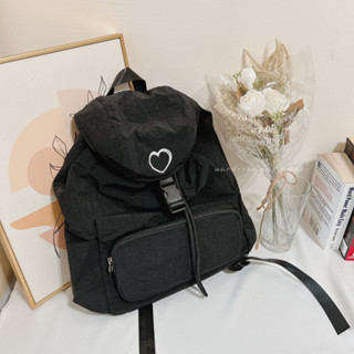 [WHAC] | 現貨 愛心後背🖤韓版ins風尼龍後揹包 愛心刺繡雙肩包 尼龍後揹包 學生書包 筆電後揹包 縮口後背