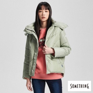 SOMETHING 女款 高領連帽防寒羽絨外套(灰綠色) 